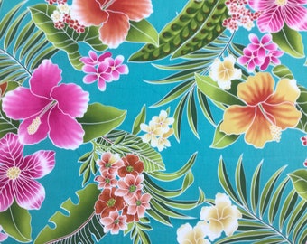 Tropical Hawaiian Print Fabric in Turquiose Background 100% Cotton  (Yardage Available)