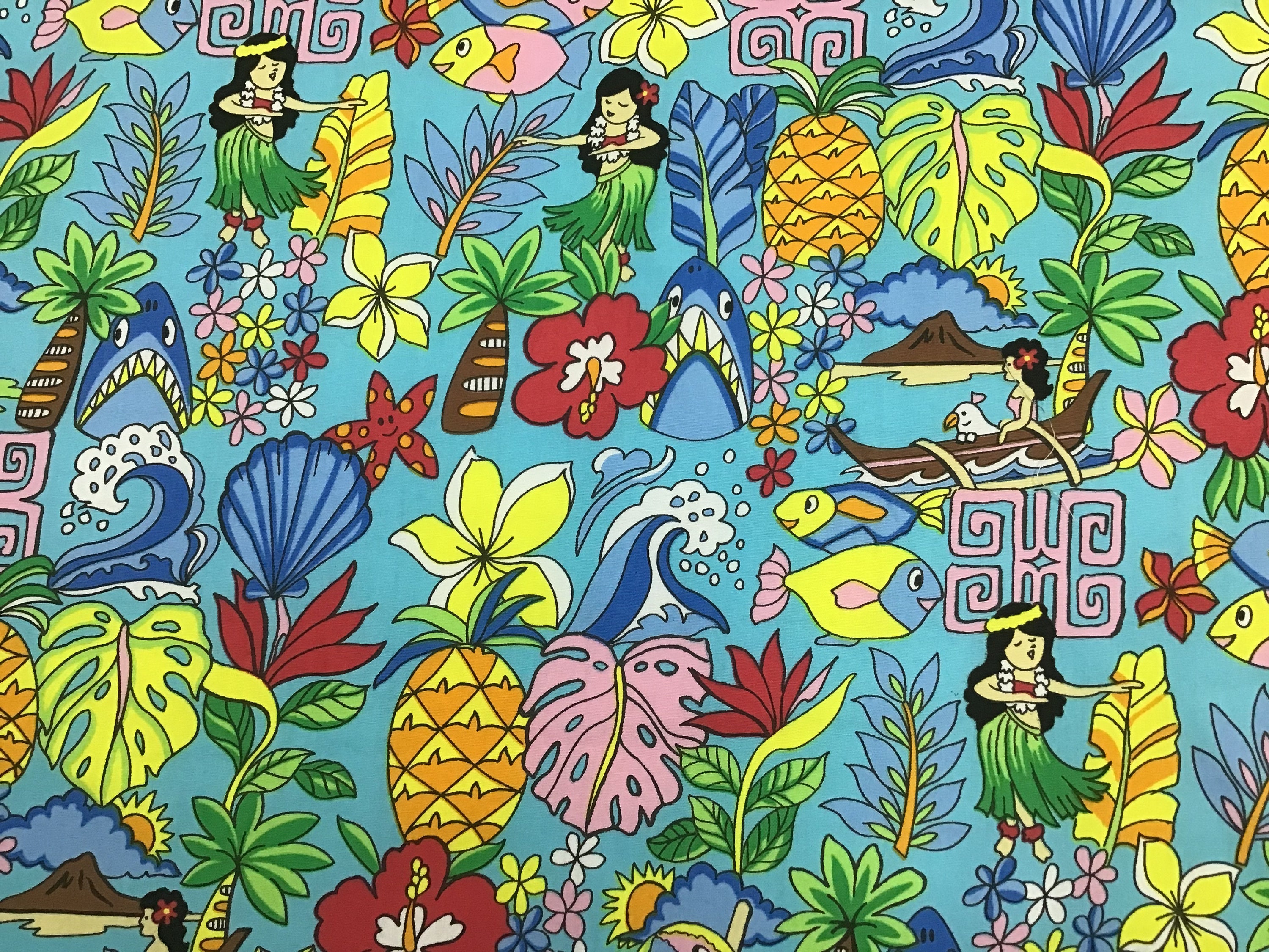 1点物⭕️お安く!◎Custom hawaiian fabric◎NR2◎9.7 Turquoise Classic Hawaiian Print Fabric 100% Cotton Sold by the