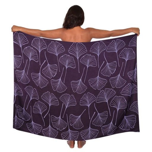 Buy 5, get one FREE! Lightweight Ginko Leaf in Beautiful Lavender on Plum Pareo (sarong) Lava lava 100% Rayon Cover up