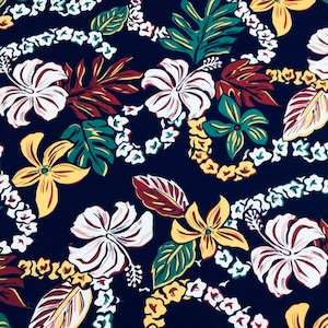 Tropical Hawaiian Print in 100% Cotton Sold by the Yard in Navy Blue