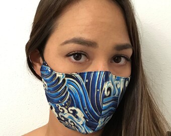 Japan Waves Cotton Print Face Mask Triple Lined Reversible