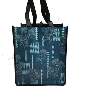 Large Hawaiian Print Shopping Bag Reusable Blue Tribal