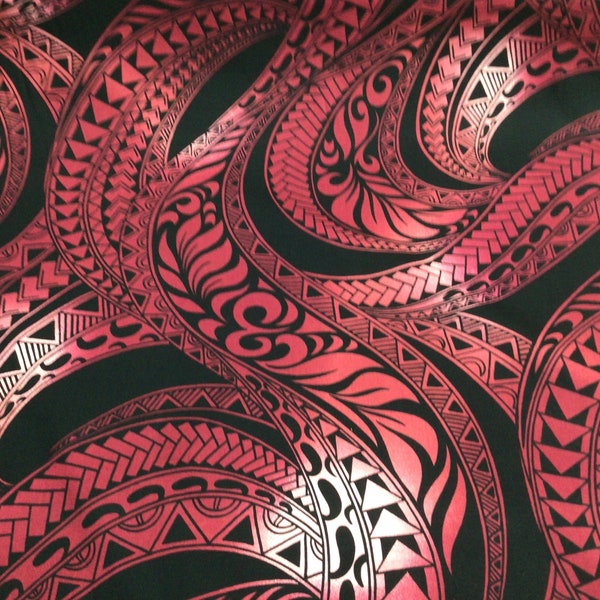 Red on Black Swirly Ombre Tribal Hawaiian Print Fabric 100% Cotton Sold by the Yard