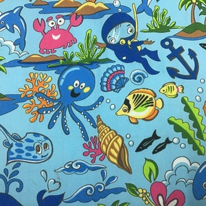 Fun Ocean Creatures Hawaiian Print Fabric 100% Cotton Sold by the yard   (Yardage Available)