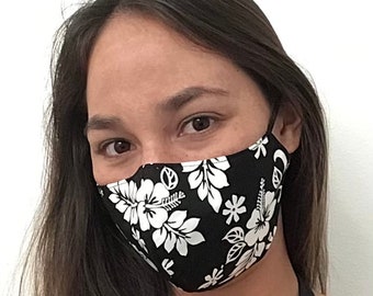 Hawaiian Print Face Mask Black Classic Reversible Adjustable