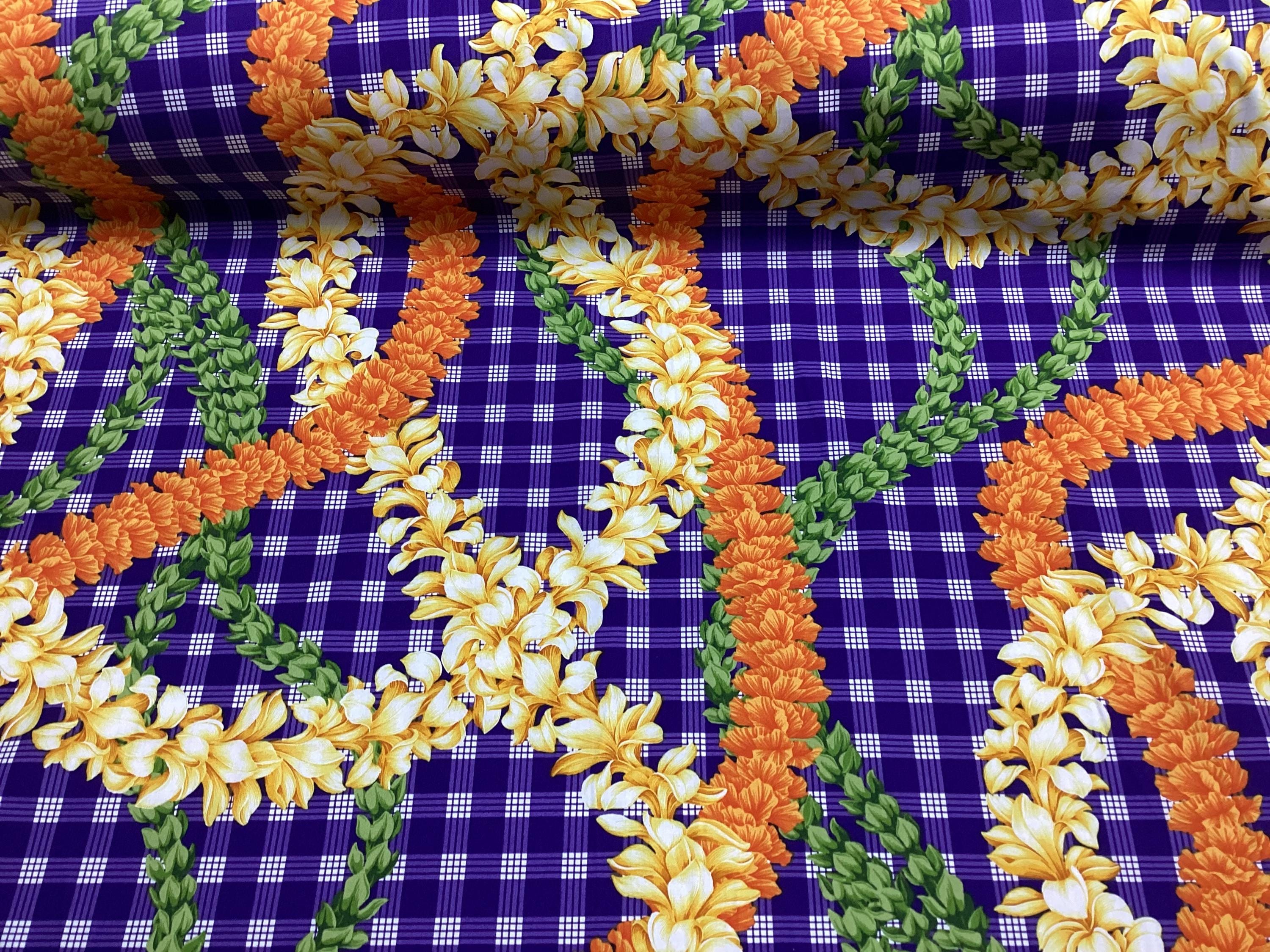 Beautiful Flower Leis on Printed Purple Palaka Hawaiian Print 100