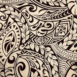 Classic Black/Creme Tribal Hawaiian Print Poly Cotton Fabric Sold by the Yard (Yardage Available)