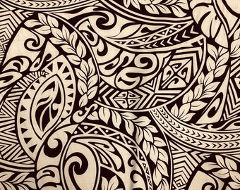 May include: A seamless pattern of black and white Polynesian tribal tattoo designs on a brown background. The pattern features geometric shapes, swirls, and leaves.