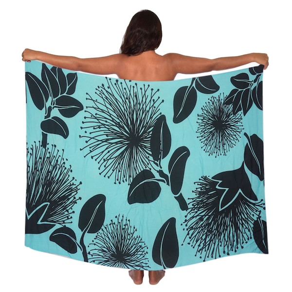 Buy 5, get one free!Lightweight Black on Turquoise Lehua Blossom  Pareo (sarong) Lava lava 100% Rayon Cover up