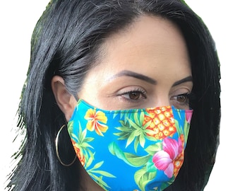 Adjustable Turquoise Pineapple Hawaiian Print Face Mask