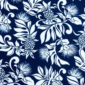 Navy Blue Lehua Blossom & Pineapples Hawaiian Print Cotton Fabric (Yardage Available)