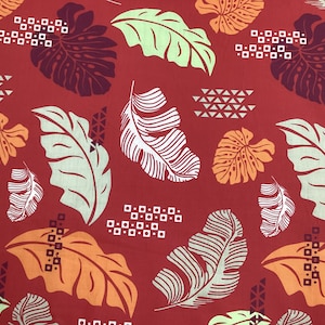 Tattoo and Tropical Leaf Hawaiian Print Poly Cotton Fabric in Red  Background  Sold by the Yard