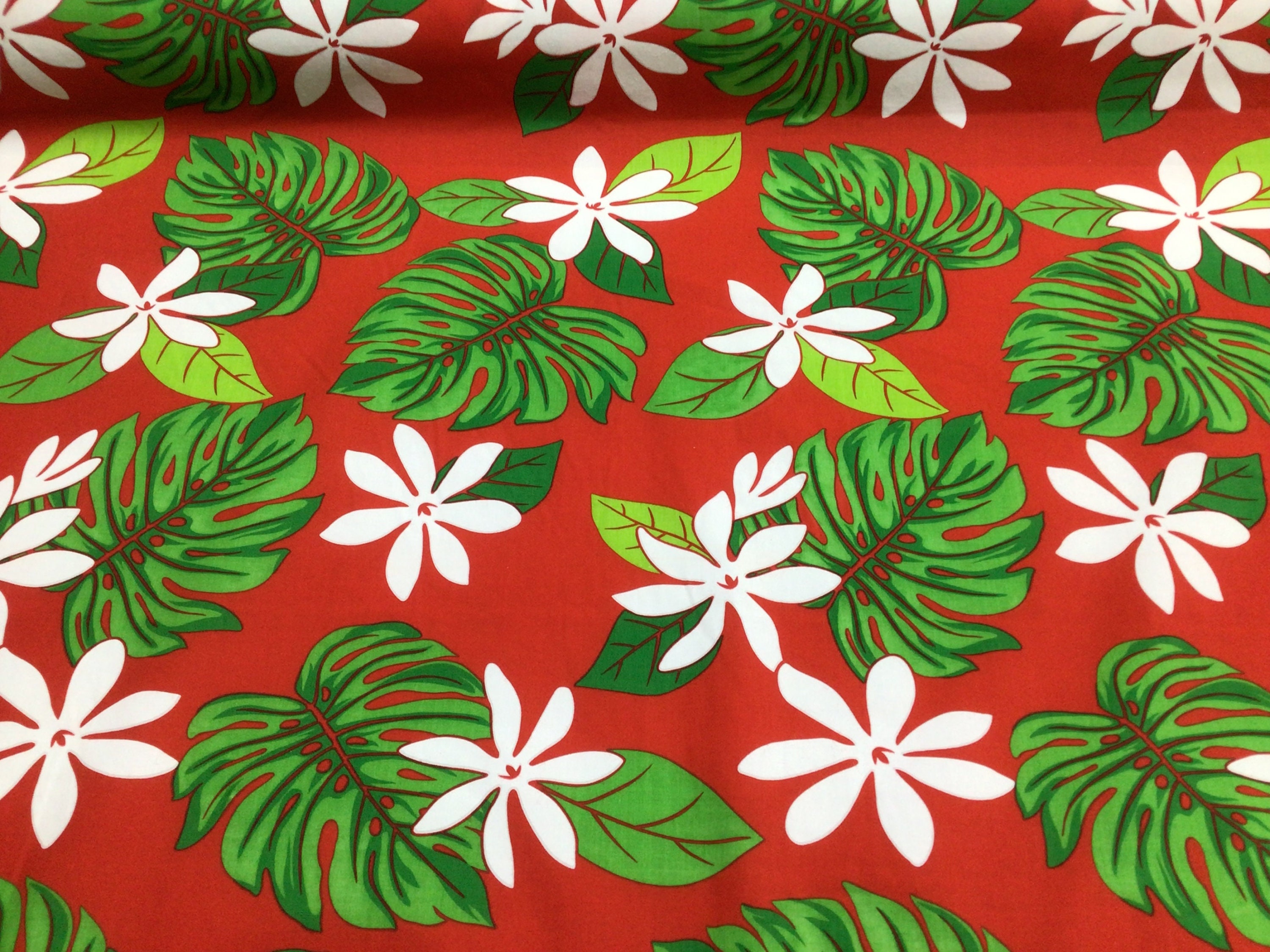 Tropical Tiare Flower Hawaiian Print Poly Cotton Fabric on Red