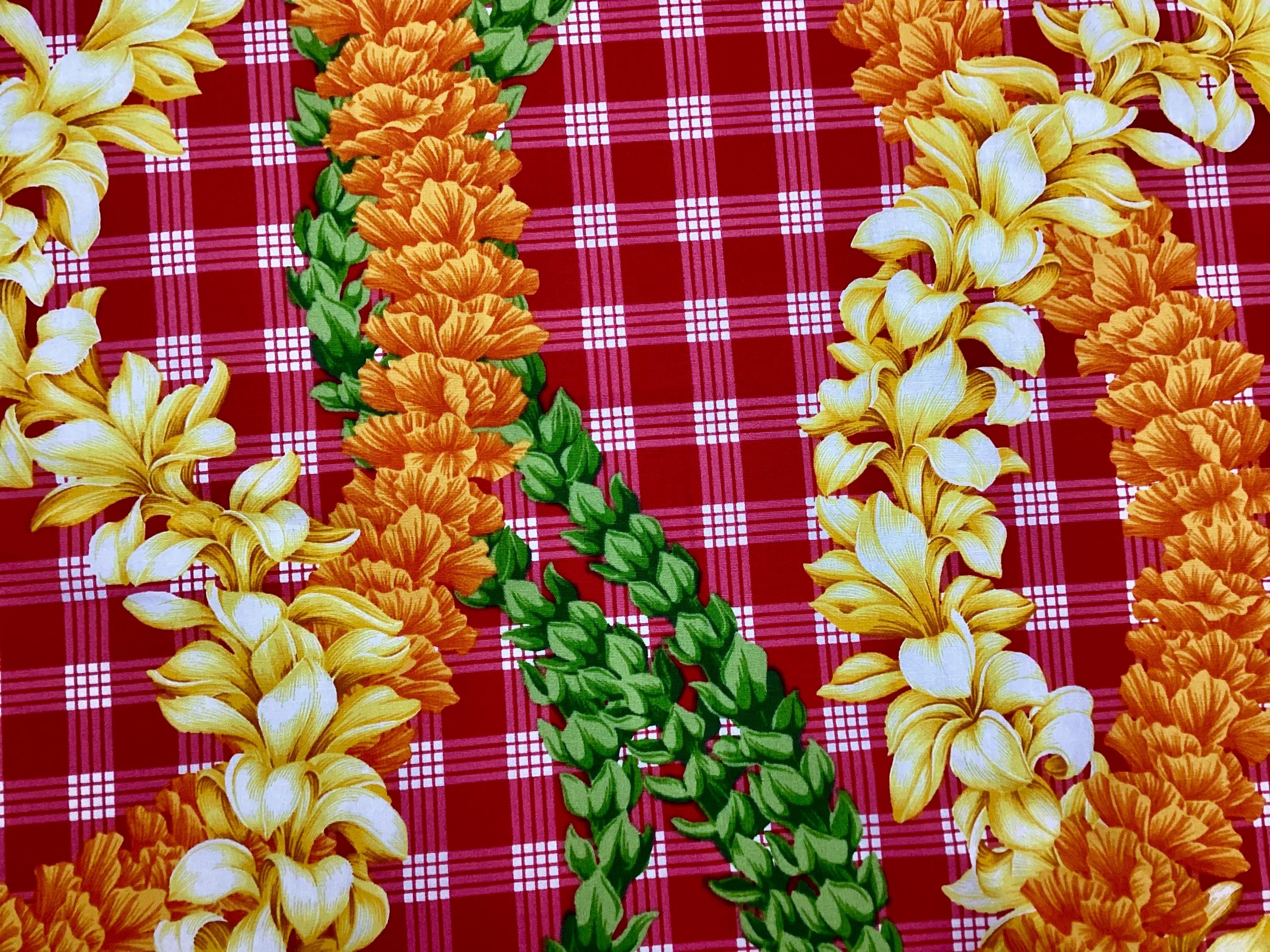 Beautiful Flower Leis on Printed Red Palaka Hawaiian Print 100