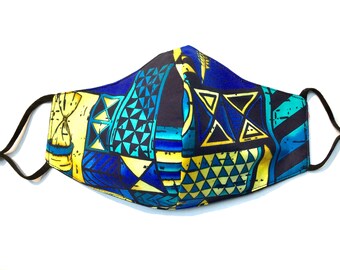 Blue Tribal Hawaiian Print Face Mask Adjustable Reversible Triple Lined