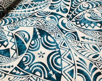 Teal Swirly Tribal Hawaiian Print Fabric 100% Cotton Sold by the Yard