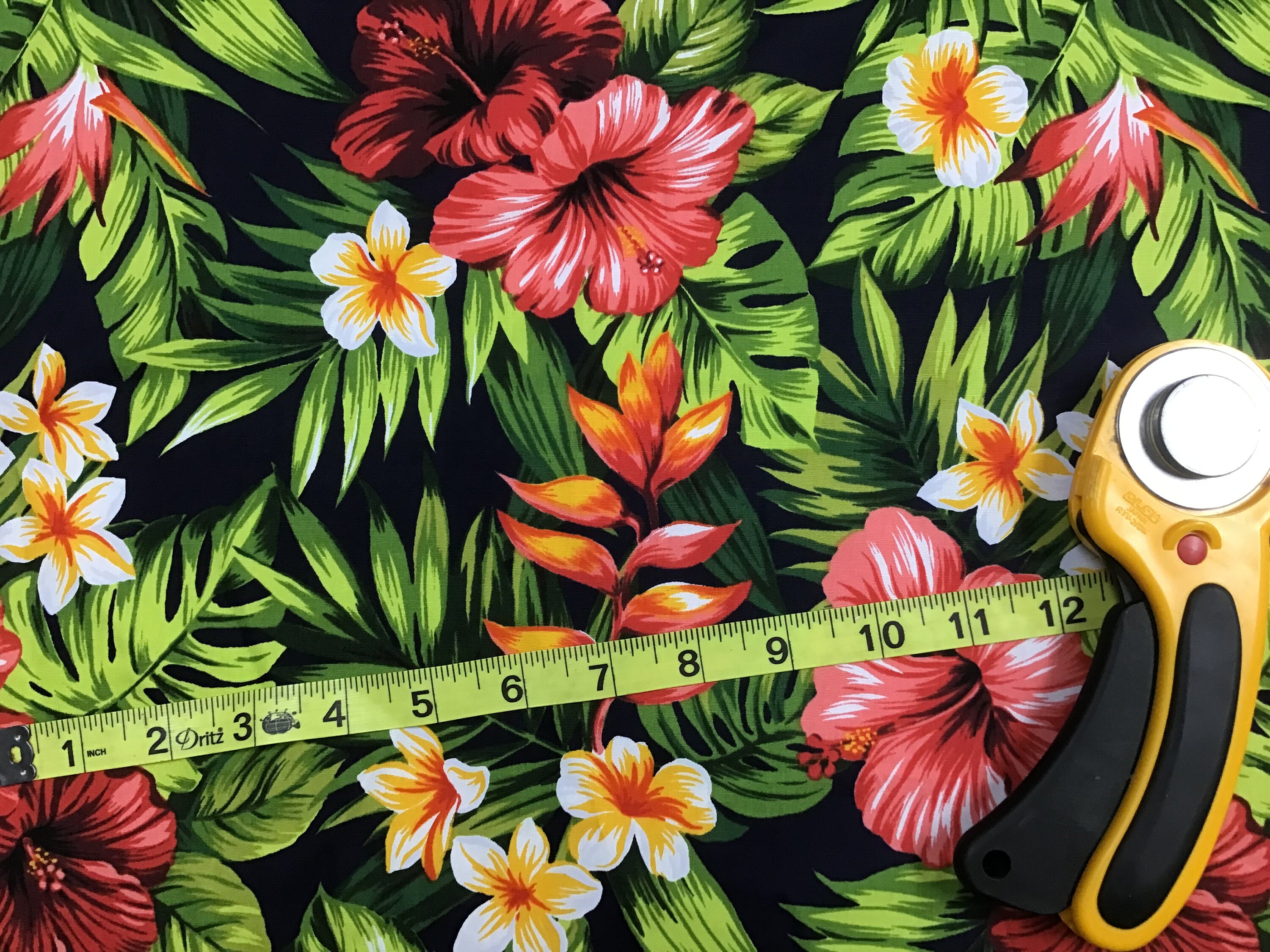 Black Background Tropical Hawaiian Print Fabric 100% Cotton Sold