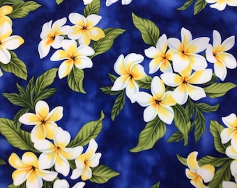 Blue Plumeria Hawaiian Print Fabric sold by the yard in 100% Cotton