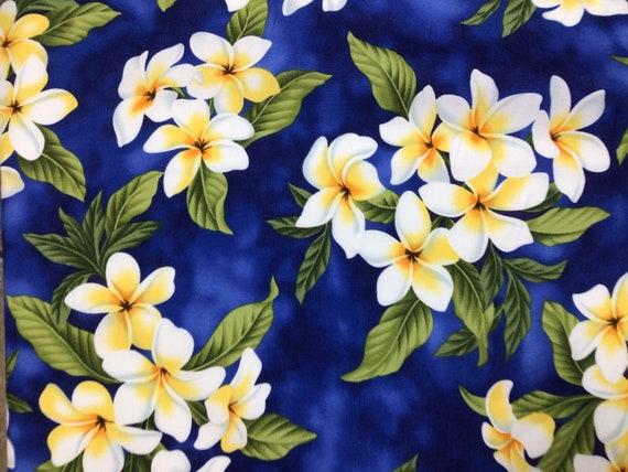 Blue Plumeria Hawaiian Print Fabric Sold by the Yard in 100