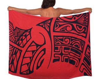 Buy 5, Get one FREE!  Lightweight Hilo Tribal Design in Black on RED Pareo (sarong) Lava lava 100% Rayon Cover up