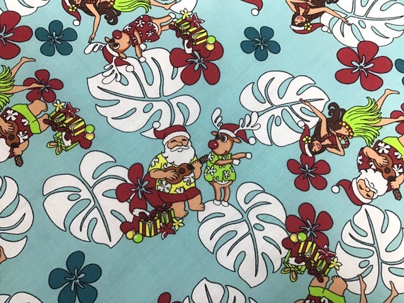 Hawaiian Christmas Santa 100% Cotton Fabric in Aqua Background -   Finland