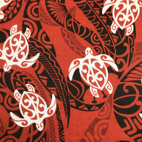 Stampa hawaiana tribale rossa con Honu (tartaruga) in poliestere-cotone (disponibile in metri)