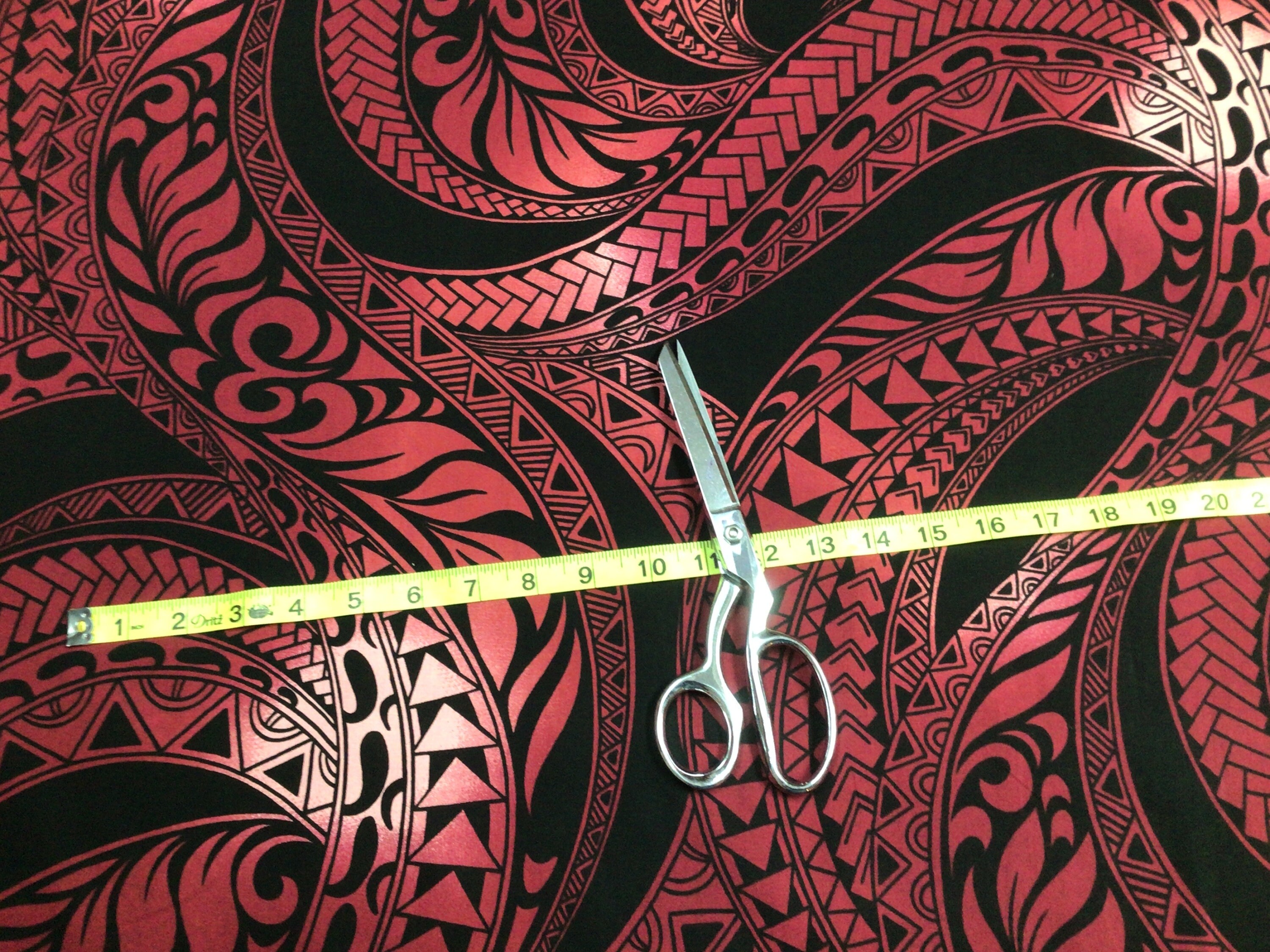 Red on Black Swirly Ombre Tribal Hawaiian Print Fabric 100