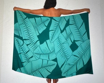 Buy 5, get one free!Lightweight Light Teal/Dark Teal Banana leaf Hawaiian Print Pareo (Sarong) Cover up  100% Rayon