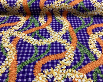 Beautiful Flower Leis on Printed Purple Palaka Hawaiian Print 100