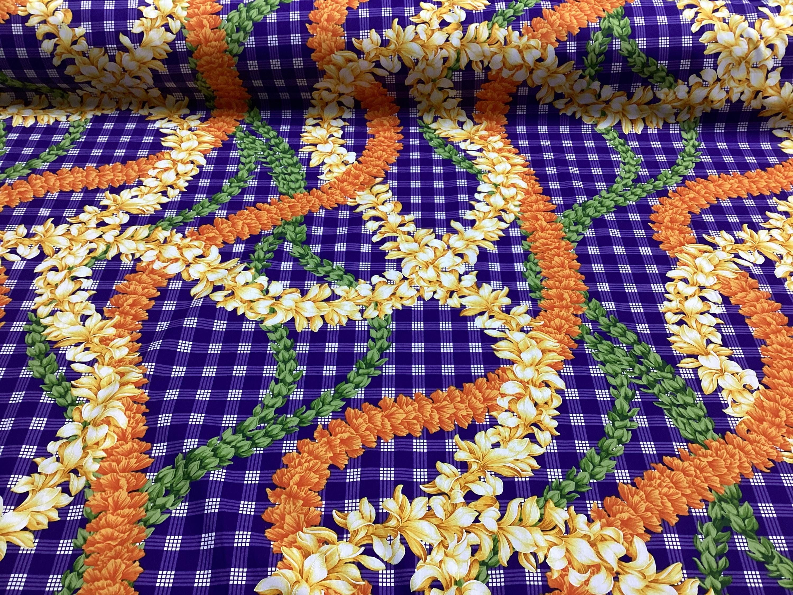 Beautiful Flower Leis on Printed Purple Palaka Hawaiian Print 100