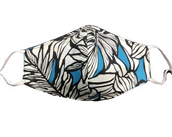 Adjustable Adult Hawaiian Print Face Mask in Turquiose (triple lined) Reversible