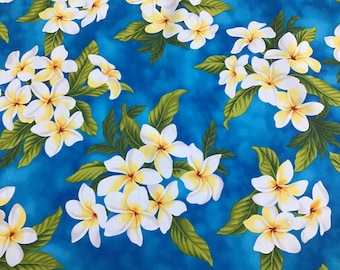 Turquiose Plumeria Hawaiian Print Fabric in Cotton   (Yardage Available)