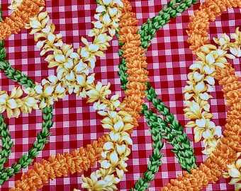Beautiful Flower Leis on Printed Red Palaka Hawaiian Print 100% Cotton Fabric Sold by the Yard