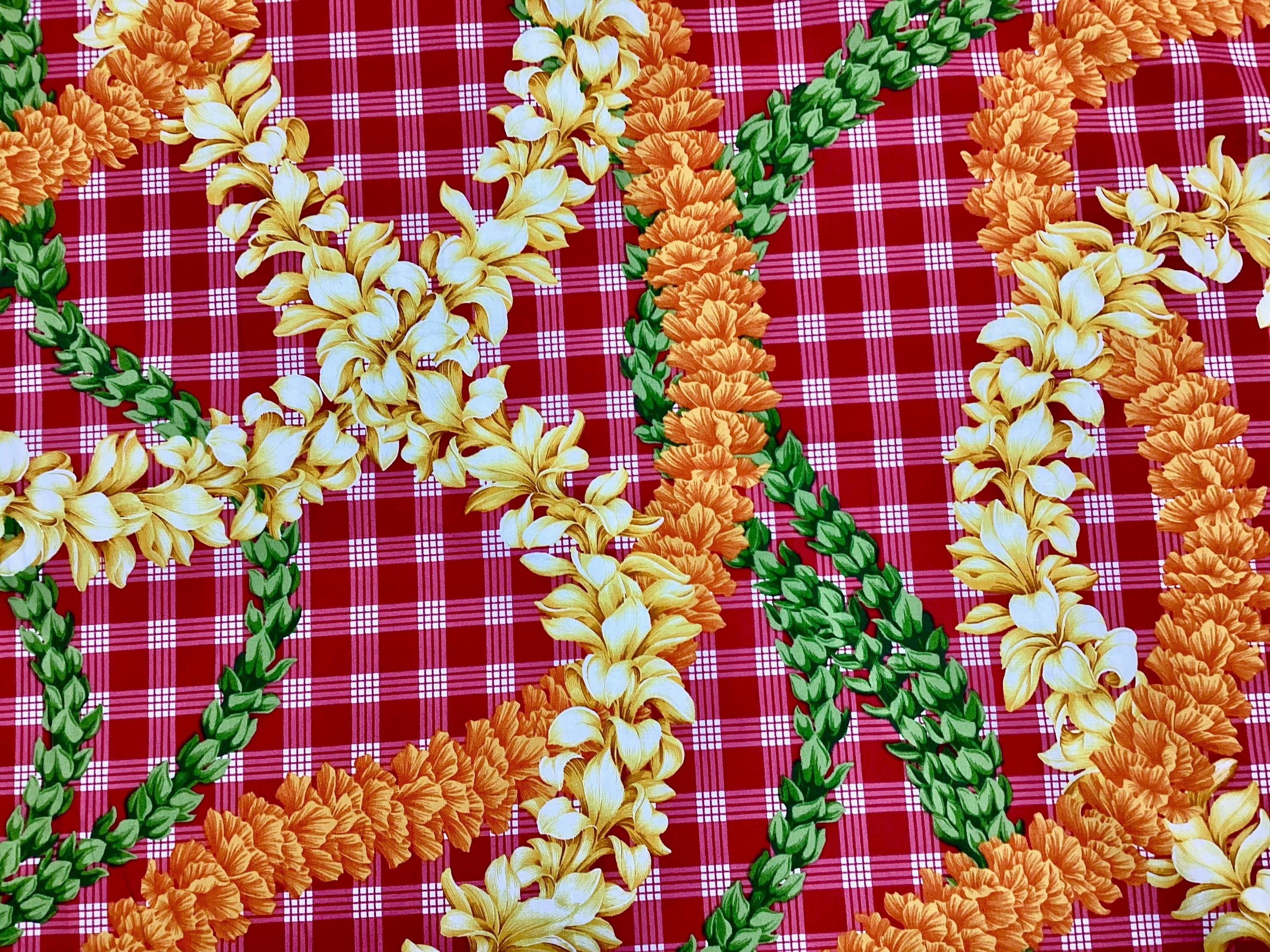 Beautiful Flower Leis on Printed Red Palaka Hawaiian Print 100