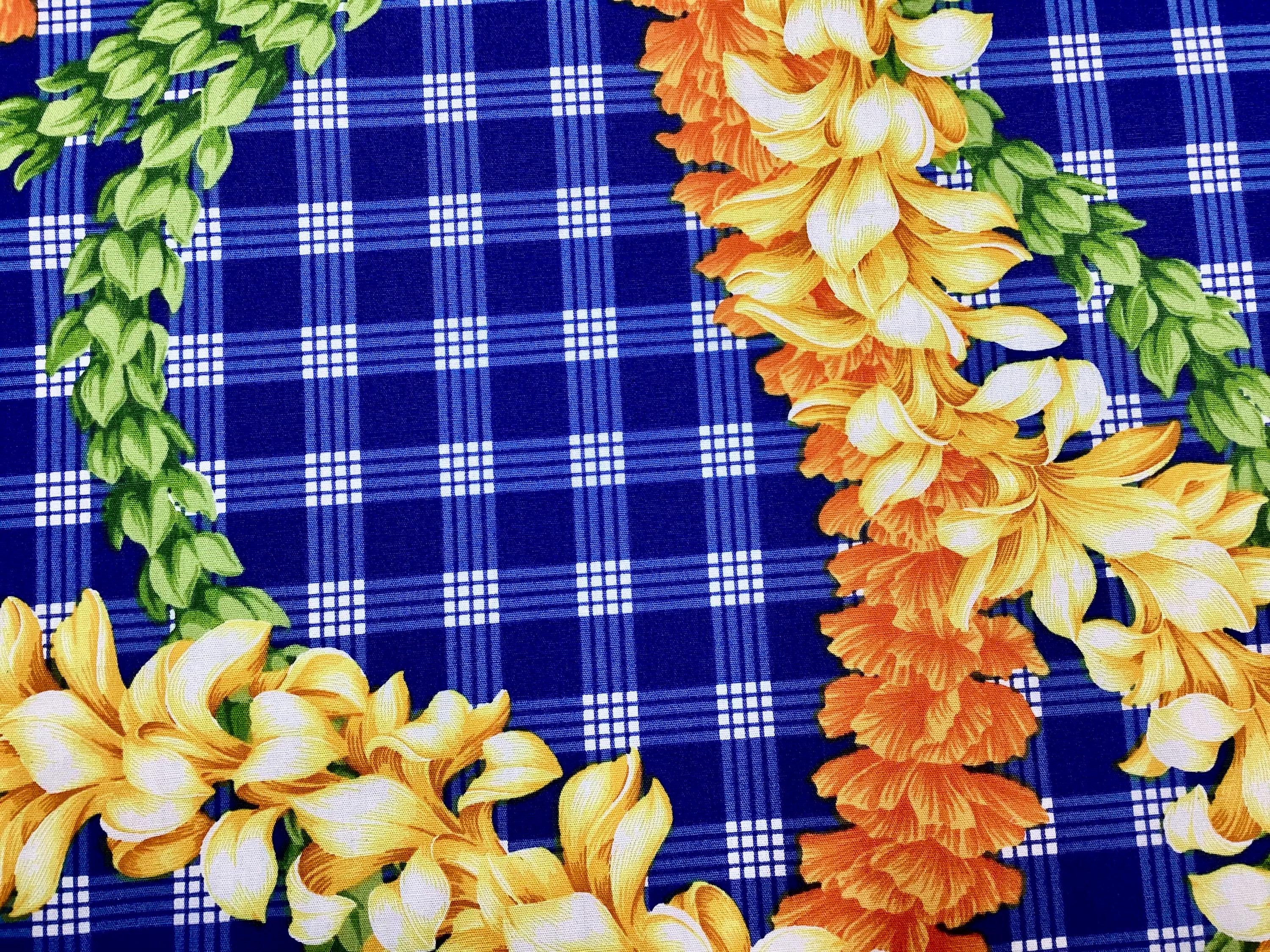Beautiful Flower Leis on Printed Blue Palaka Hawaiian Print 100