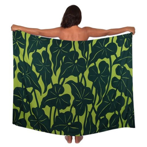 Buy 5, get one free!Lightweight Taro in Lime Green/Dark Green Hawaiian Print Design  Pareo (sarong) Lava lava 100% Rayon Cover up