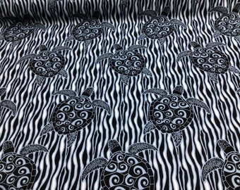 Navy Blue Honu Turtles Tribal Design Hawaiian Print Poly Cotton  Fabric Sold by the Yard