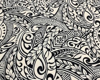 May include: Black and white fabric with a repeating pattern of stylized leaves and geometric shapes. The pattern is reminiscent of traditional Polynesian tattoo designs.