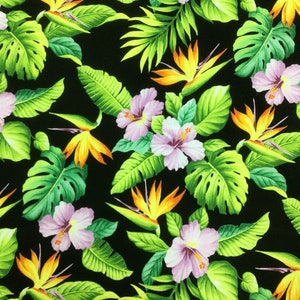Tropical Paradise on Black Background Hawaiian Print Fabric 100% Cotton Sold by the Yard