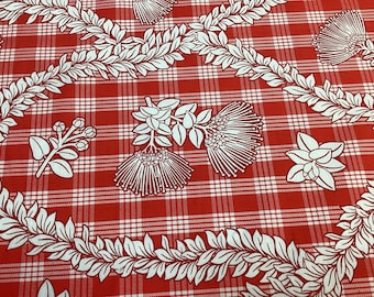 Red Palaka with Tropical Leis and Lehua Blossoms Hawaiian Print Fabric 100% Cotton Sold by the Yard