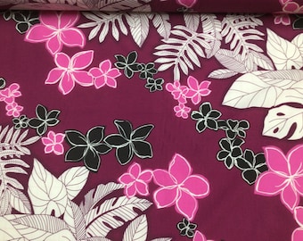 May include: Purple fabric with a white and pink floral print. The flowers are outlined in black and have a tropical feel.