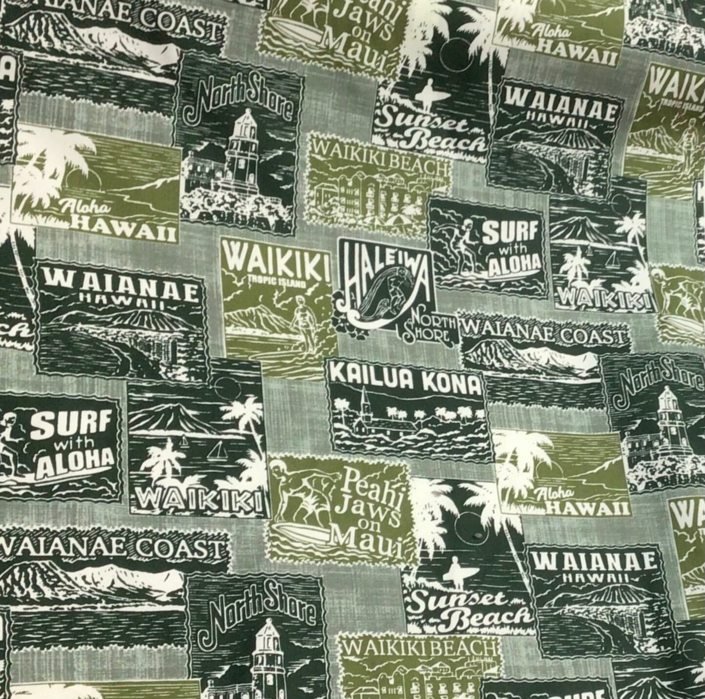Hawaiian Style Stamp Design Print Fabric in Forest Green Sage Background Sold by the Yard in 100% Cotton