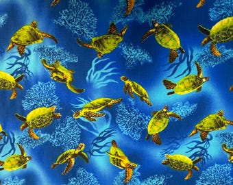 Tropical Honu (Turtles) Swimming in a Turquiose Sea Cotton Hawaiian Print Fabric Sold by the Yard