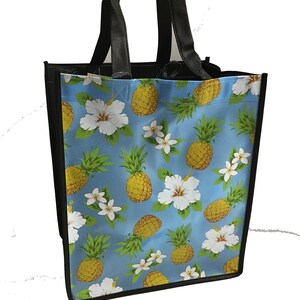 Large Hawaiian Print Shopping Bag Reusable Blue Tropical Pineapple