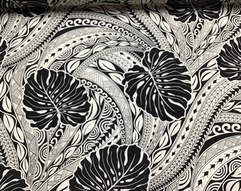 Tribal with Monstera Leaves on Creme/Black Hawaiian Print Fabric Poly Cotton Blend Sold by the Yard