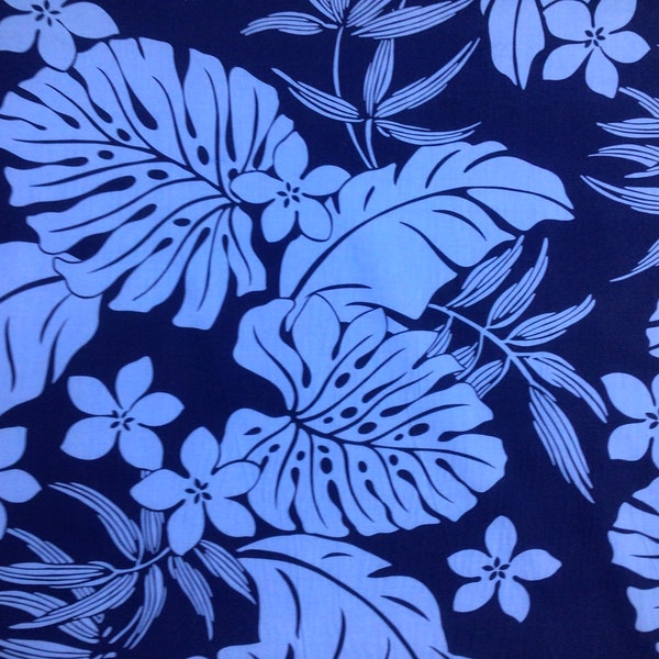 Poly Cotton Blue on Blue Tropical Leaves Hawaiian Print Fabric Sold by the Yard