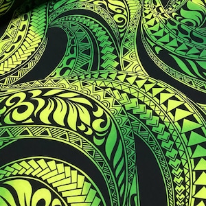 Swirly Tribal in Green Background Hawaiian Print Fabric in 100% Cotton sold by the yard   (Yardage Available)