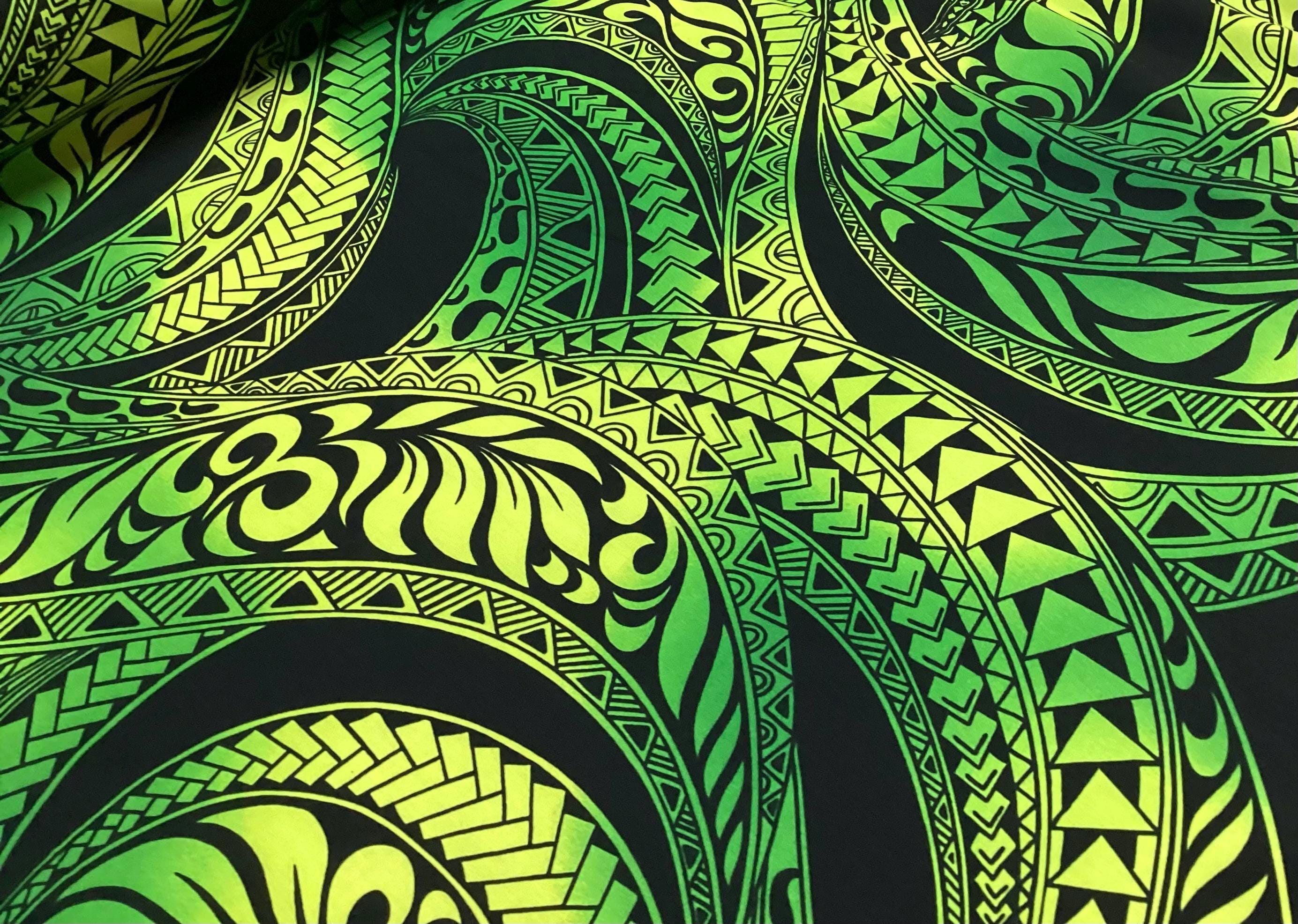 Swirly Tribal in Green Background Hawaiian Print Fabric in 100% Cotton sold by the yard   (Yardage Available)