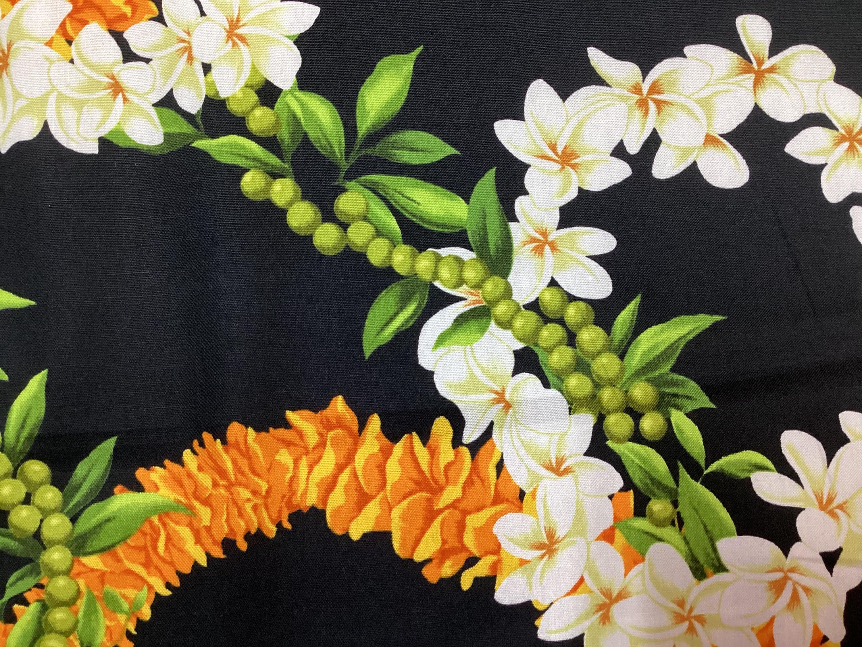 Plumeria, Mokihana With Maile and Ilima Leis Hawaiian Print Cotton