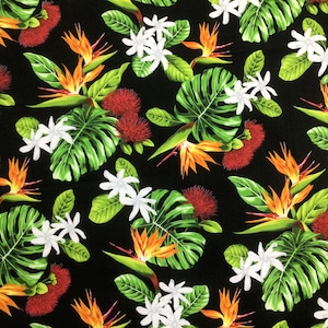 Tropical Hawaiian Print Fabric in Black Background 100% Cotton Sold by the yard   (Yardage Available)